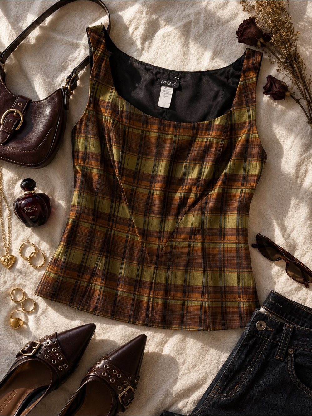 Vintage NWT MSK Y2K Plaid Corset Top M Brown Olive Satin Bustier Made USA
